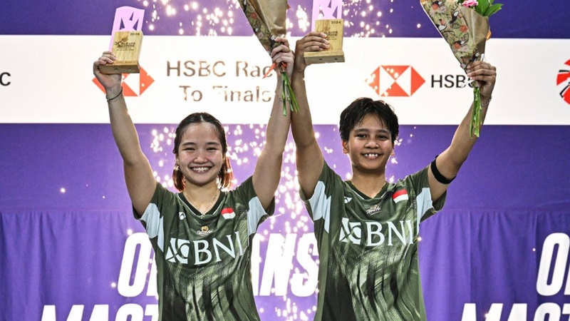 Ekspresi ganda putri Meilysa Trias Puspitasari/Rachel Allesya Rose saat menjuarai Orleans Masters 2024.