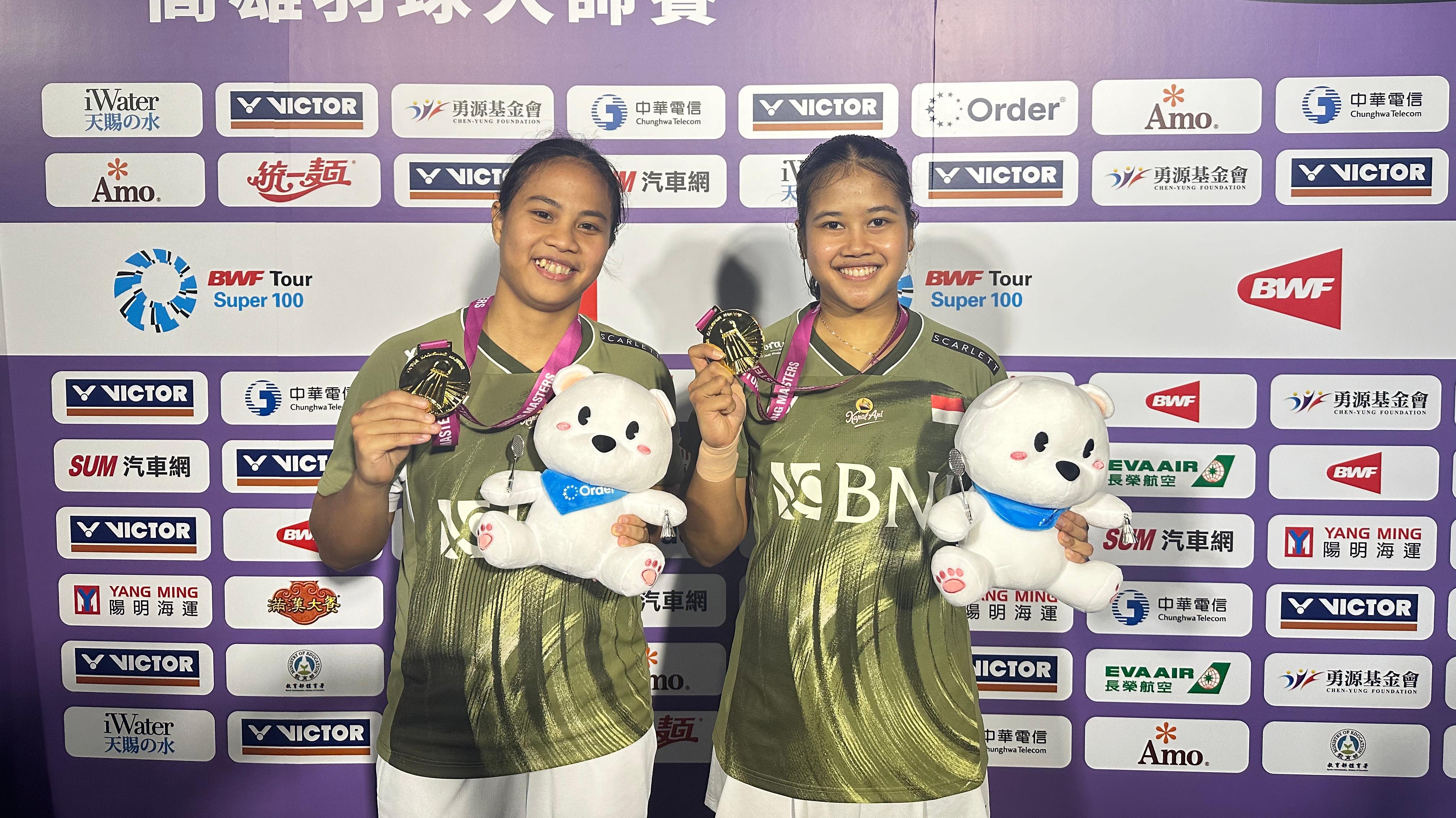 Ekspresi ganda putri Jesita Putri Miantoro/Febi Setianingrum saat menjuarai Kaohsiung Masters 2024.