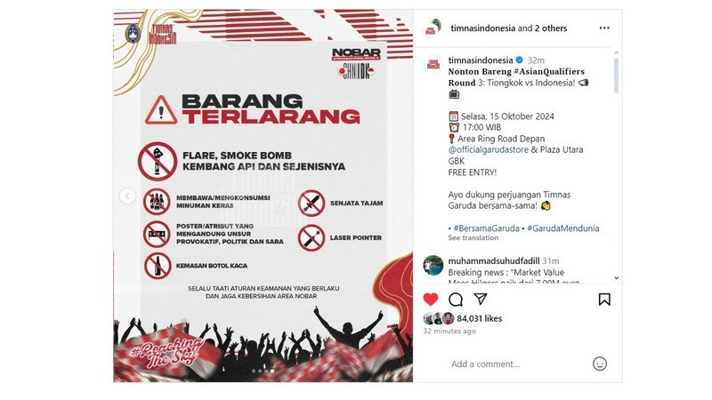 Tempat nobar Timnas Indonesia vs China di SUGBK