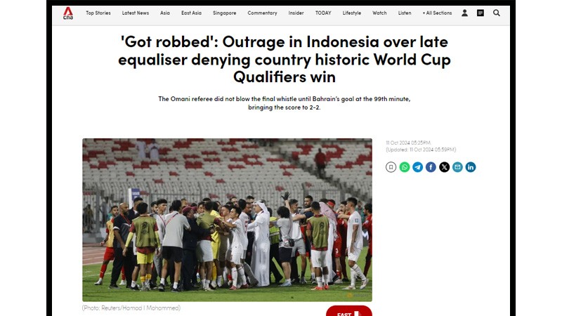 Media Asing CNA soroti Timnas Indonesia yang dicurangi oleh Bahrain