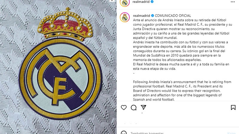 Pernyataan Real Madrid untuk Andres Iniesta