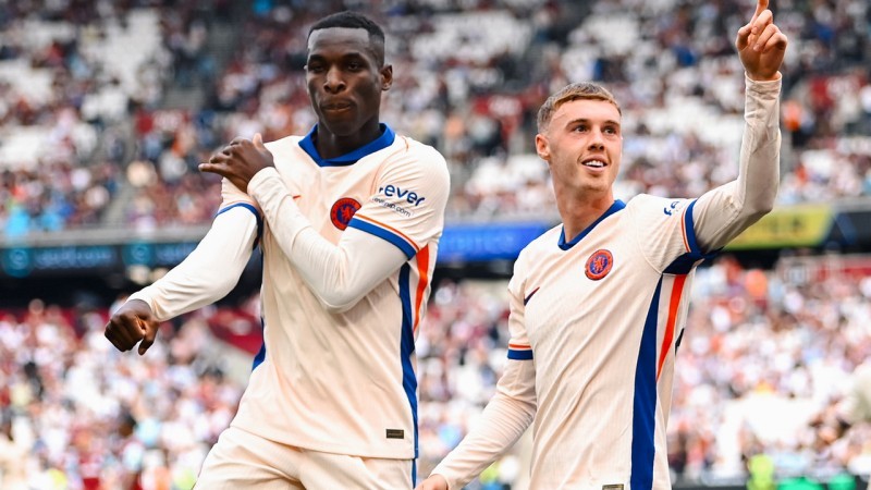 Selebrasi Nicolas Jackson dan Cole Palmer di laga West Ham vs Chelsea