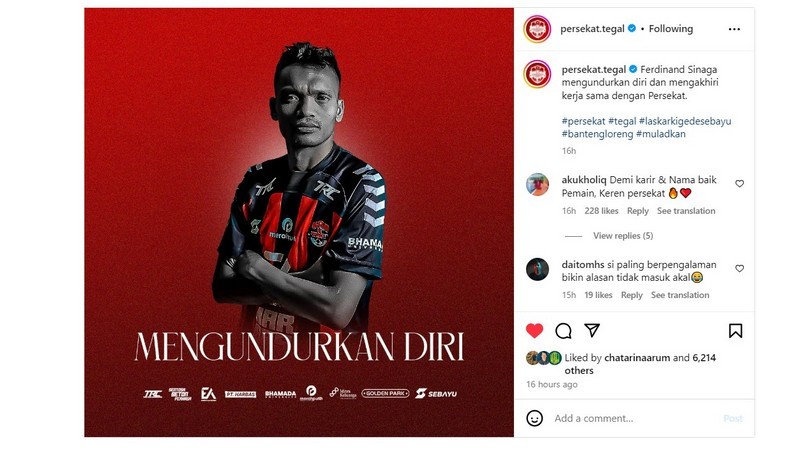 Ferdinan Sinaga mengundurkan diri dari Persekat Tegal