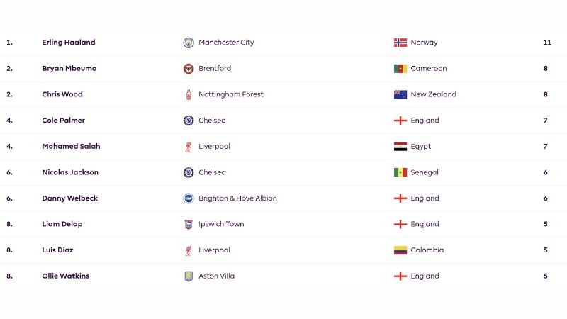 Top Skor Liga Inggris 2024-25 (9 November 2024)